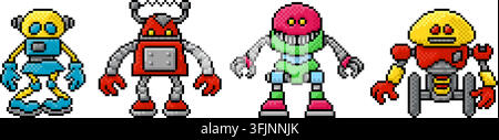 A set of cute robot cartoon character mascots in an 8 bit pixel art video game style. Stock Vector