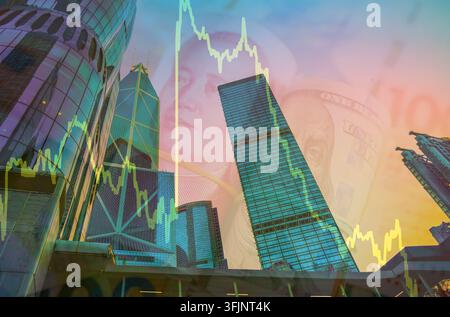 Market trends currency on skyscrapers tower building background. Currency rising graph changes market trends. Chinese yuan, US dollars, foreign curren Stock Photo
