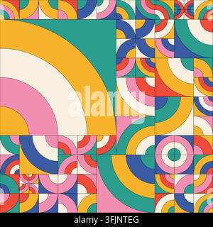 Vibrant retro abstract rainbow geometric seamless pattern featuring Bauhaus aesthetic, Truchet tiling arcs, colorful concentric circles Stock Vector