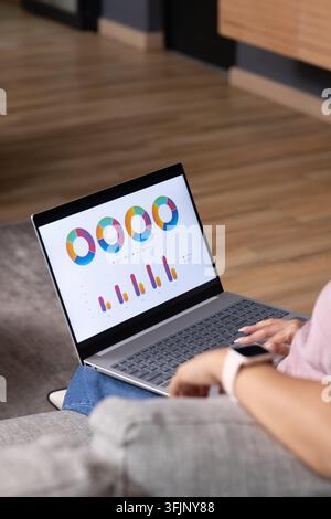 Silver laptop displaying colorful donut and bar charts on lap on gray couch, hands typing Stock Photo