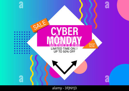 Cyber monday sale vector banner with modern abstract geometric shapes, vibrant gradient colors and promotional text Stock Vector