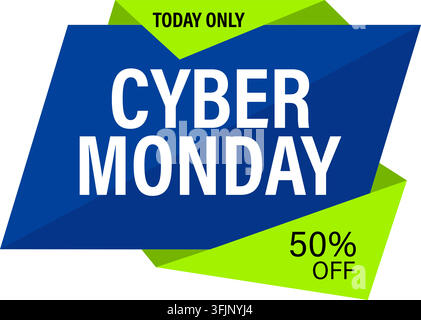 Cyber monday sale banner, discount offer label with 50% off tag, promotional geometric sticker template isolated on white background Stock Vector