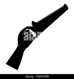 Hand holding hand saw icon silhouette isolated on white background, carpentry and woodworking tool symbol Stock Vector