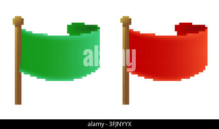 Pixel art green and red flag vector illustration set on wooden pole. 8 bit retro game asset design Stock Vector