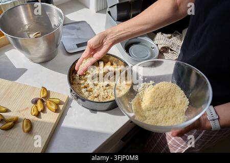 Woman sprinkling crumb topping over plums in baking pan before baking. Preparing homemade plum pie in kitchen. Stock Photo