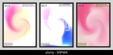 A collection of three vertical posters featuring fluid, swirling colorful gradients and minimalist placeholder text in a contemporary graphic design Stock Vector