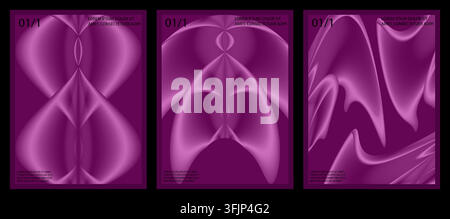 A set of three dark purple posters with surreal, glowing pink liquid wave patterns, numbering, and placeholder corporate text blocks. Stock Vector