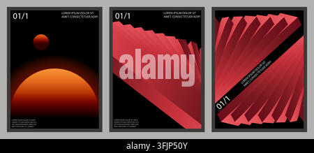 A collection of three minimalist poster designs featuring abstract red gradient shapes, spheres, and geometric patterns on solid black backgrounds. Stock Vector
