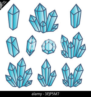 Abstract blue crystals pack. shiny quartz minerals, magical ice gems. for modern jewelry brand logos, fantasy rpg game assets. isolated vector graphic Stock Vector