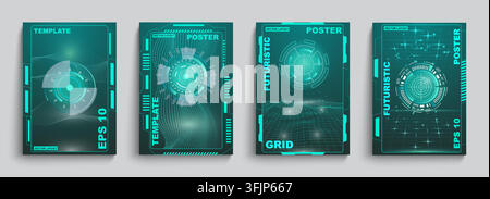 Futuristic poster templates. Digital interface with HUD circle and grid line, modern technology branding, data visualization, sci fi communication design. Vector isolated vertical banners background Stock Vector