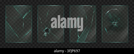 Cracked glass. Window, screen crack or phone mirror texture. Smash pane break, transparent broken effect. Crime damaged frame. Background for poster or banner surface design. Vector isolated set Stock Vector