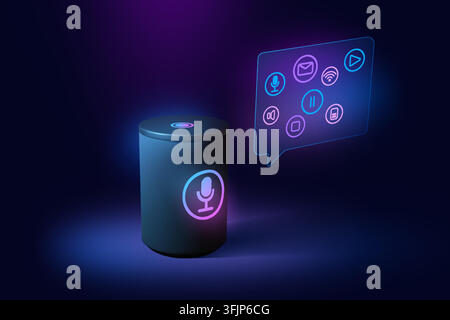 Home speaker. Smart voice assistant, product technology control or future car automation system. Futuristic infographic, digital assistant interface. Vector icons 3d isolated element for banner design Stock Vector