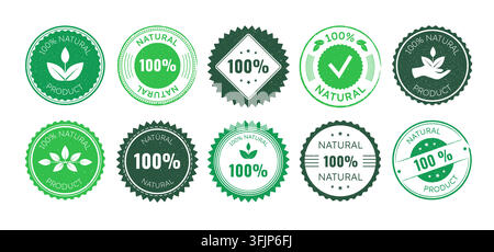 Ingredient icons. 100 organic quality stamp, vegan seal food product. Safe health or cosmetic certificate, percentage guarantee design. Green leaf eco stamp. Vector label, flat style isolated set Stock Vector