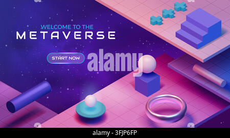 Isometric metaverse. 3d game world, geometric vr space technology or future cyber platform. Futuristic cyberspace neon abstract objects. Background design, digital space scene. Vector illustration Stock Vector