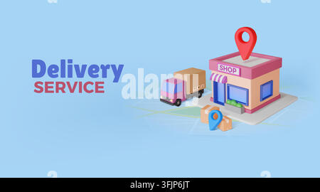 3d building icon. Store delivery truck, business shop distribution with cardboard box for retail, commercial industry. Isometric scene store and location pins, Vector design isolated render elements Stock Vector