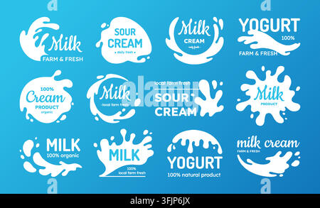 Milk icons. Creamy drop splash, fresh farm cream sticker or cow dairy badge. White natural yogurt, liquid ingredient. Label with fluid shapes, product packaging and branding design. Vector cartoon set Stock Vector