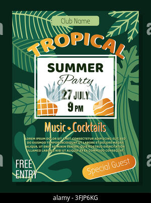 Tropical summer party flyer. Colorful poster with palm leaves, fruit icons, event presentation and invitation on festive nightlife announcement and entertainment promo. Vector isolated illustration Stock Vector
