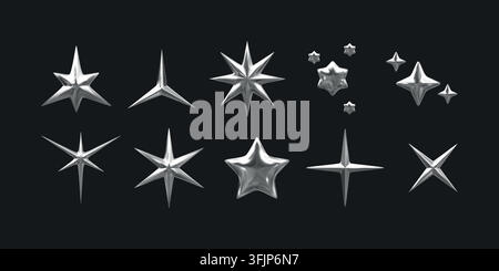 Chrome elements. 3d y2k metal star, silver heart and liquid flower object with graphic sparkle glossy effect. Metallic different shapes decorative graphic objects. Vector design, render isolated set Stock Vector