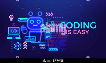 Kid code education. Digital game robot school, teen with smart phone or computer laptop, software development. Children app science. Futuristic banner design. Technology background. Vector concept Stock Vector