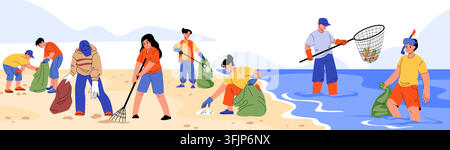 Trash cleanup. Clean beach environment, eco nature activity as garbage recycle. Volunteer group collect plastic, nature pollution reduction. Vector cartoon flat style isolated teamwork illustration Stock Vector