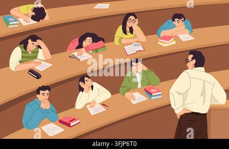Students in classroom. Bored class at college or university, sleep or yawn room or school audience with teacher. Lecture hall. Education motivation. Vector cartoon flat style isolated illustration Stock Vector