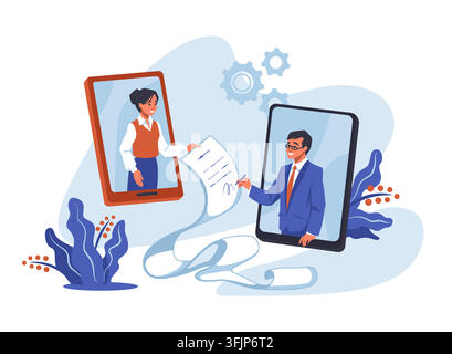 Remote contract signing. Businesspeople exchange document on smartphone screens, digital agreement, online approval and paperless business process management. Vector cartoon flat style illustration Stock Vector