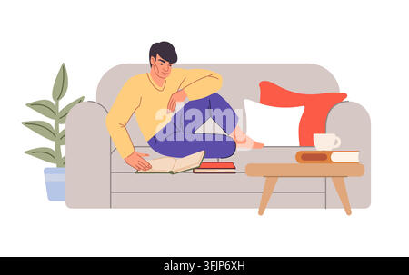 Man reading on sofa. Cozy home interior scene, leisure time, education and relaxation with books. Student boy learning at home. Literature study. Hobby and leisure vector cartoon isolated illustration Stock Vector