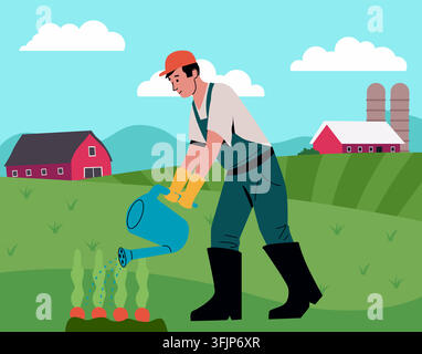 Farmer watering plants with watering can. Rural scene, crop care and field work, agricultural cultivation and farm management in countryside landscape. Vector cartoon flat style isolated illustration Stock Vector
