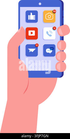 Man hold smartphone and social media on screen stock illustration Stock Vector