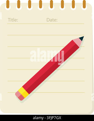 Blank spiral notebook and pencil, flat vector illustration. Simple notepad planner template. Stock illustration Stock Vector