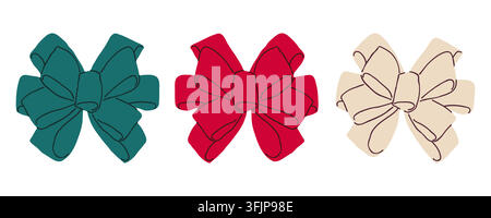 Layered colorful Christmas ribbon bows hand drawn vector set for seasonal gift box packaging design Stock Vector