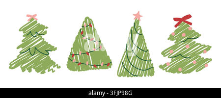 Cute green scribble Christmas tree clipart set for festive card design Stock Vector