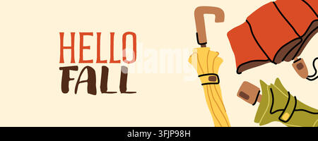 Hello fall lettering with colorful umbrellas hand drawn vector banner Stock Vector
