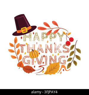 A flat vector circular wreath design featuring Happy Thanksgiving typography decorated with a tilted Pilgrim hat, pumpkin, berries, and colorful fall Stock Vector
