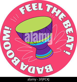 Brazilian carnival percussion drum instrument sticker cute vector flat illustration pink background. Colorful traditional bongo drum musical beat badg Stock Vector