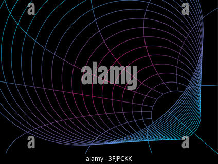 Wormhole perspective grid futuristic tunnel wireframe background cyan pink gradient. Curved three dimensional grid creating vortex optical illusion de Stock Vector