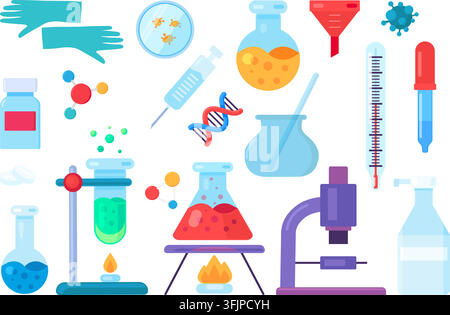 Colorful chemistry and laboratory science element set featuring test tubes, laboratory flasks, beakers, microscope, thermometer, syringe, DNA molecule Stock Vector