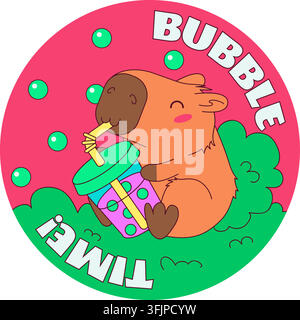 Bubble tea capybara drinking boba cute vector illustration round sticker pink background cartoon character. Happy cartoon capybara with rosy cheeks si Stock Vector