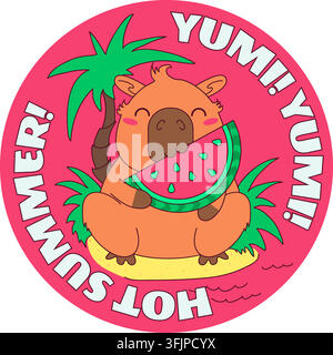 Hot summer capybara eating watermelon tropical beach sticker vector. Cute rodent sitting sand island under palm tree holding sweet juicy watermelon sl Stock Vector