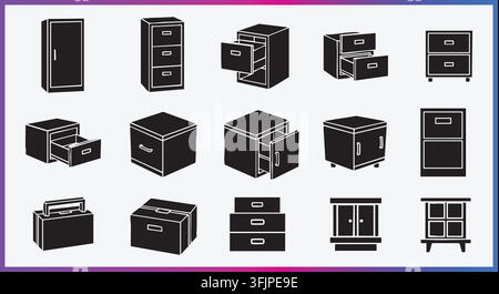 Corporate data storage icons. Filing cabinets, lockers, drawers, boxes. Office paperwork archiving, room furniture design. Black flat vector graphics. Stock Vector