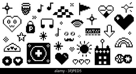 Retro 8-bit pixel art icons collection. Hearts, faces, music notes, stars, rainbows. Arcade video game UI, vintage computer decor. Black flat vectors. Stock Vector
