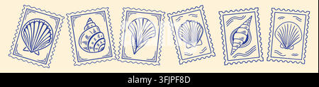Marine life postage stamp frames, hand drawn ocean seashells, sea snails, wavy lines, scalloped edges, for summer vacation postcards, vector artworks. Stock Vector