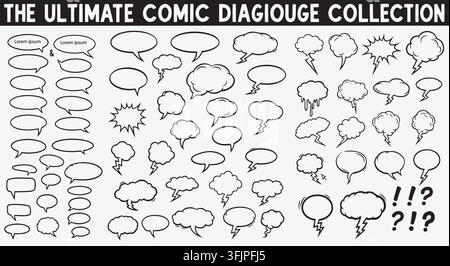 Comic book dialogue speech bubbles sets. thought clouds, shout frames, question marks. for manga page layouts, pop art posters. linear vector graphics Stock Vector