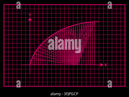 Curved math function graph sector grid neon pink background black. Bright magenta curved plot line filled rays coordinate grid system black backdrop r Stock Vector