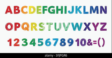 Colorful rainbow jelly alphabet letter elements. glossy 3D bubble text, numbers, punctuation. for fun child preschool education. shiny vector artwork. Stock Vector