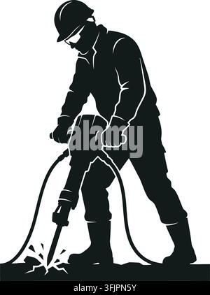 Construction worker operating a jackhammer black silhouette on white background Stock Vector
