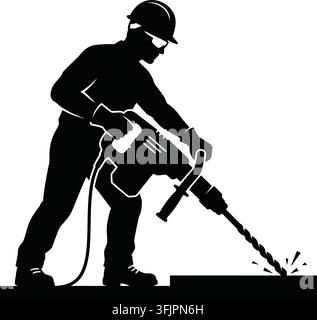 Construction worker operating a jackhammer black silhouette on a white background Stock Vector