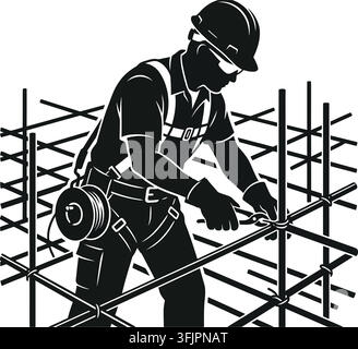 Construction worker with safety helmet and tool belt against scaffolding Stock Vector