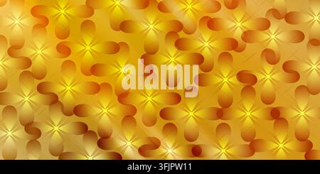 A seamless abstract background featuring a repeating pattern of stylized four-petaled flowers with warm golden yellow and orange gradients and glowing Stock Photo