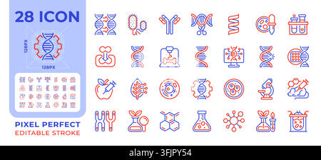 Biotechnology pixel perfect duotone line icons set Stock Vector
